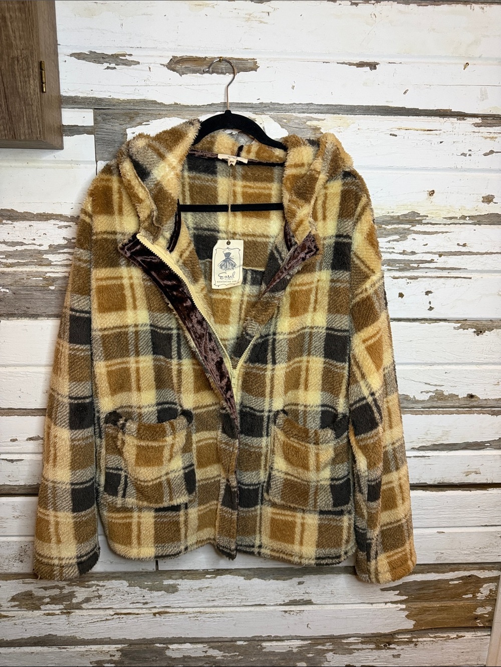 Easel Cozy Plaid Teddy Jacket with Hood in Tan & Brown(44